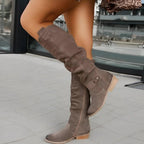 Aila - Women's Suede Knee-High Boots with Gathered Shaft and Buckle Accents
