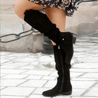 Aila - Women's Suede Knee-High Boots with Gathered Shaft and Buckle Accents