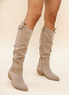 Aila - Women's Suede Knee-High Boots with Gathered Shaft and Buckle Accents