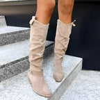 Aila - Women's Suede Knee-High Boots with Gathered Shaft and Buckle Accents