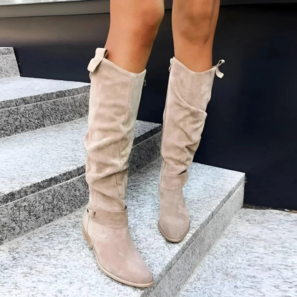 Aila - Women's Suede Knee-High Boots with Gathered Shaft and Buckle Accents