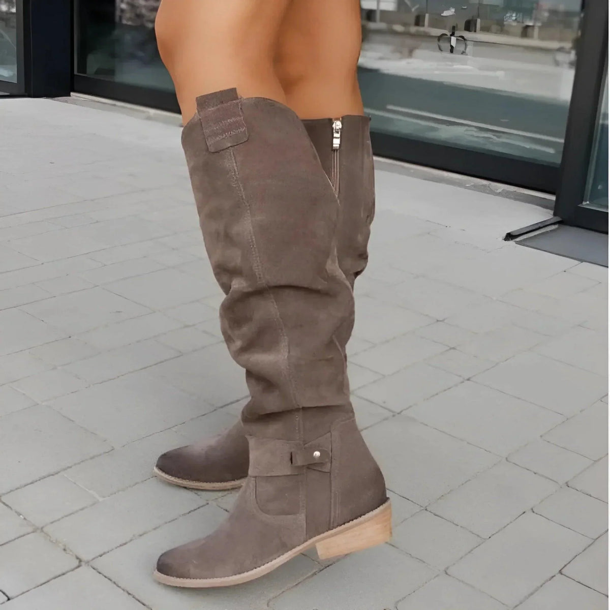 Aila - Women's Suede Knee-High Boots with Gathered Shaft and Buckle Accents