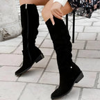 Aila - Women's Suede Knee-High Boots with Gathered Shaft and Buckle Accents