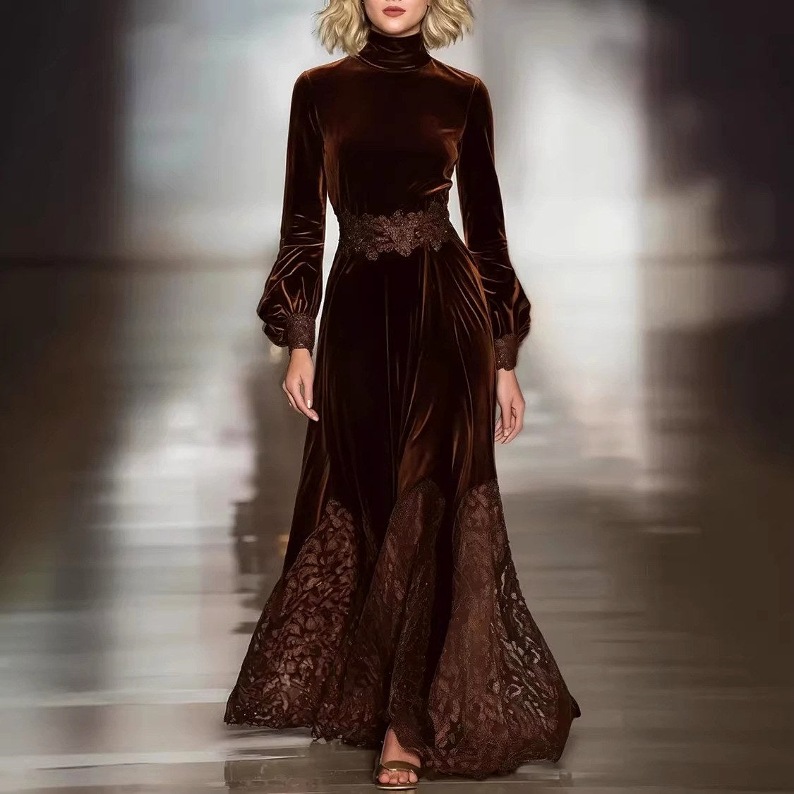 Alexina - Women's Velvet Lace Panel Maxi Dress