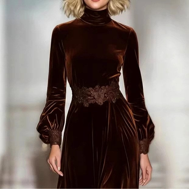 Alexina - Women's Velvet Lace Panel Maxi Dress