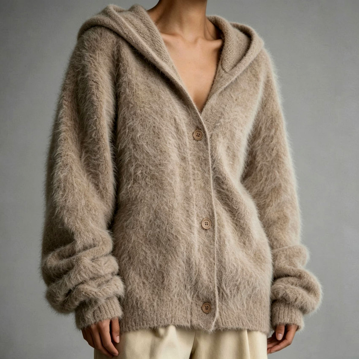 Amy - Women's Oversized Button-Front Hooded Fuzzy Knit Cardigan 2