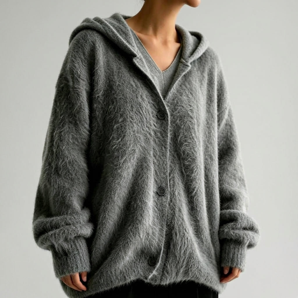 Amy - Women's Oversized Button-Front Hooded Fuzzy Knit Cardigan 3