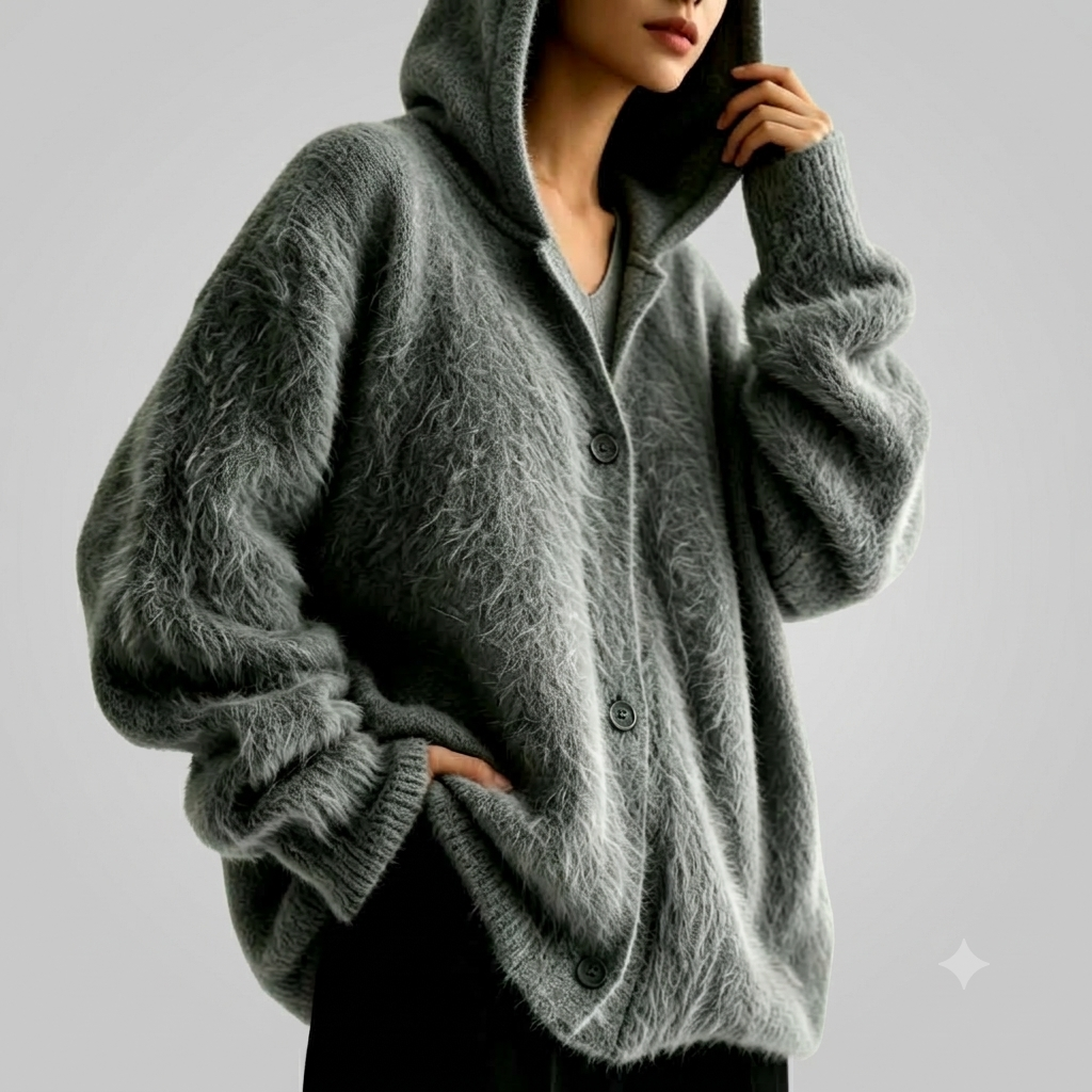 Amy - Women's Oversized Button-Front Hooded Fuzzy Knit Cardigan 6