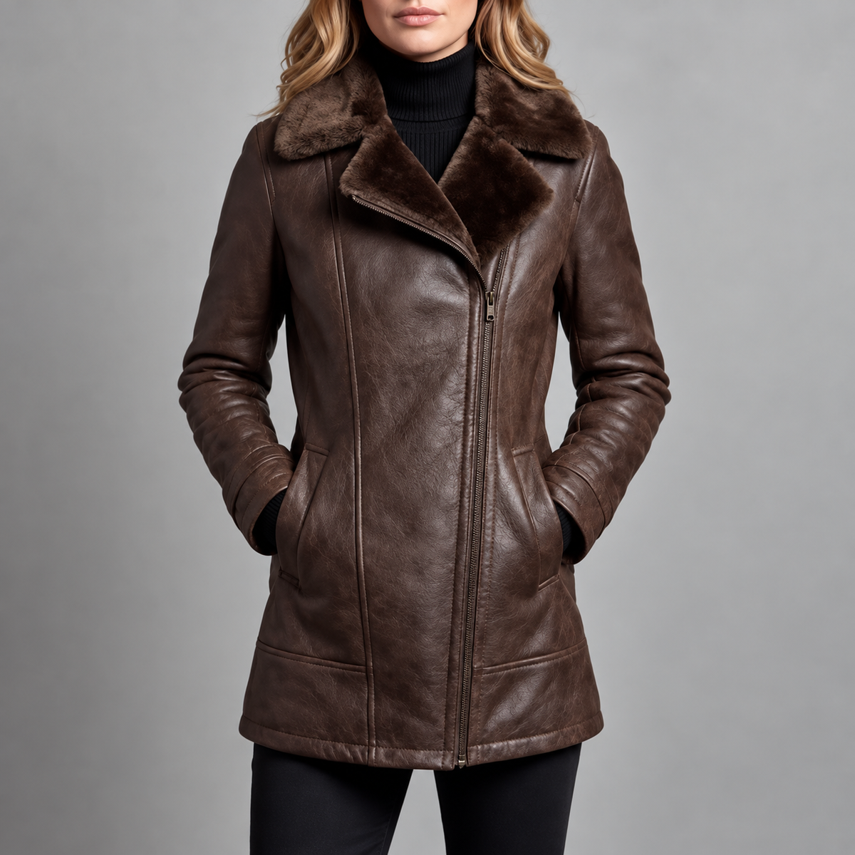 Anneliese - Women's Faux Leather Fur-Lined Long Jacket
