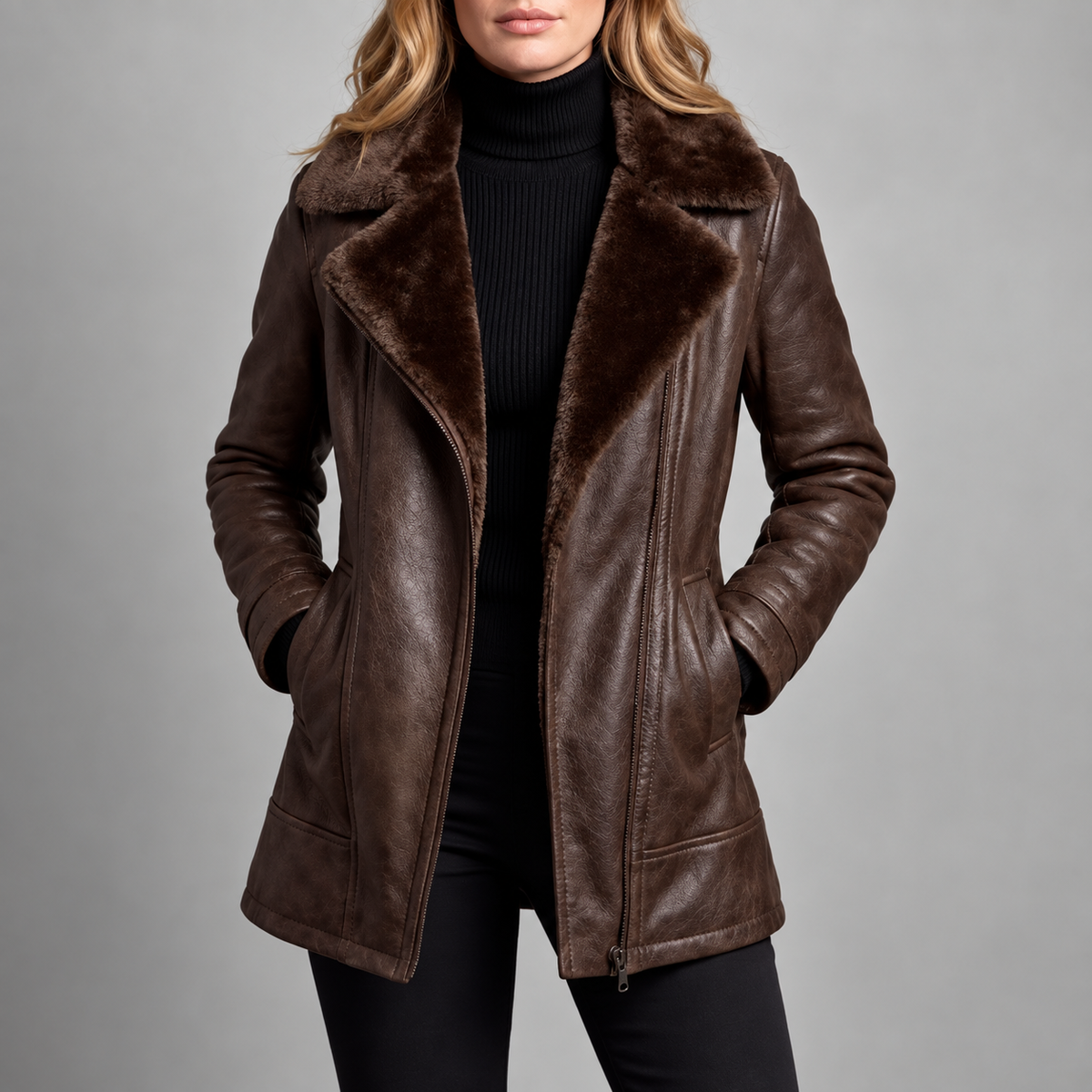 Anneliese - Women's Faux Leather Fur-Lined Long Jacket