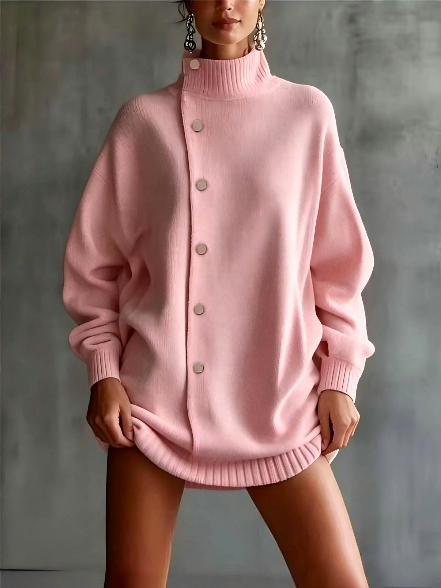 Anouk - Women's Oversized High-Neck Button Knit Sweater
