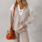 Arabella - Women's Striped Button-Tab V-Neck Sweater
