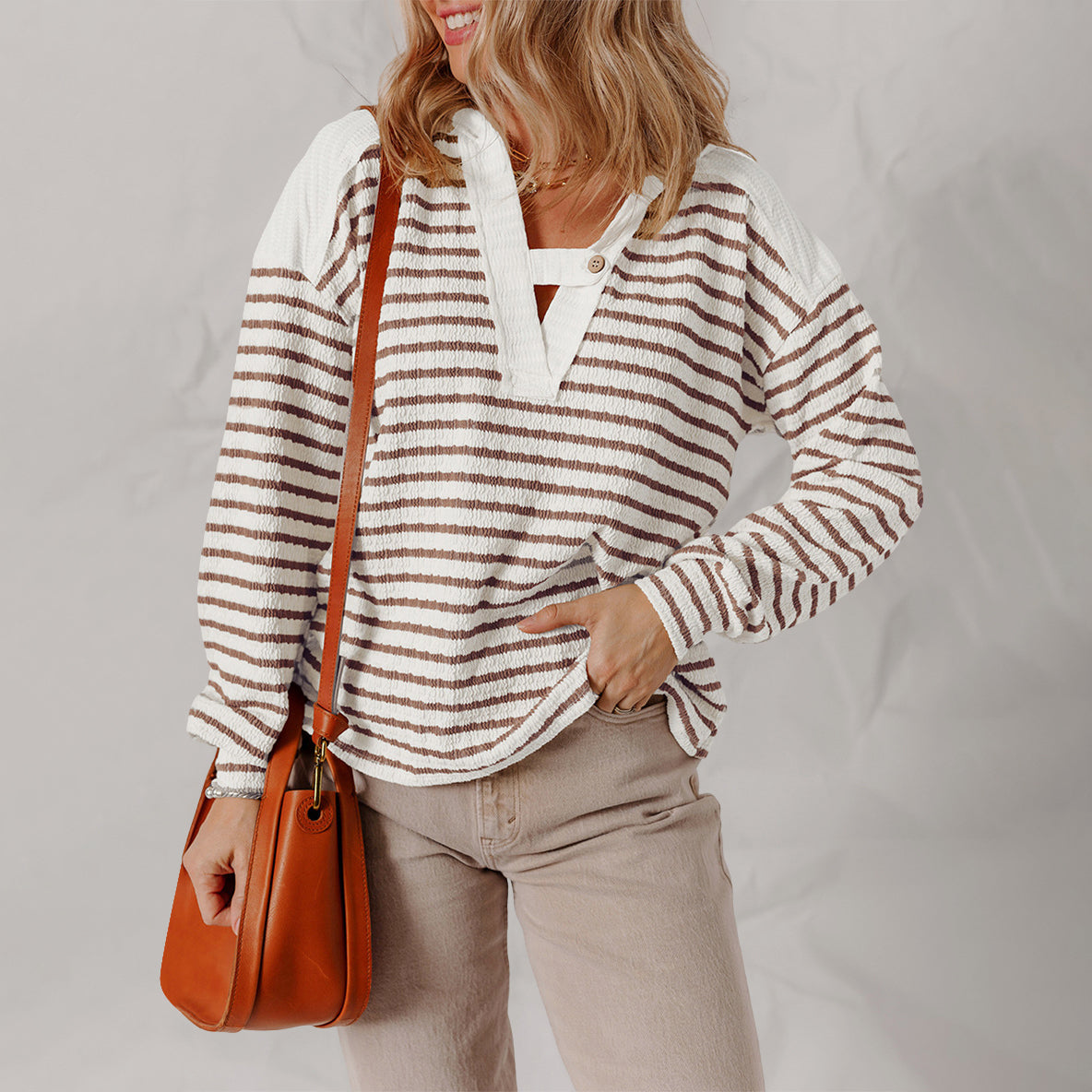 Arabella - Women's Striped Button-Tab V-Neck Sweater