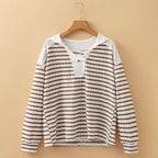Arabella - Women's Striped Button-Tab V-Neck Sweater