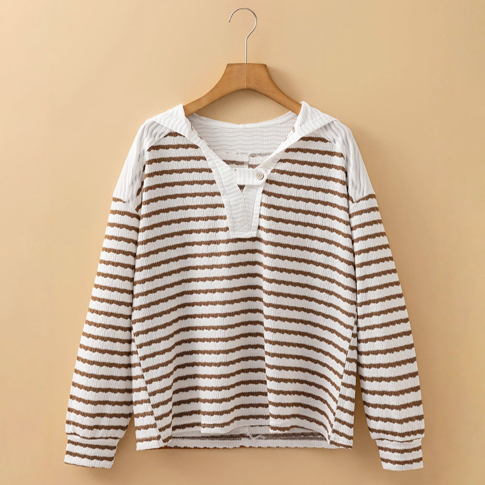 Arabella - Women's Striped Button-Tab V-Neck Sweater