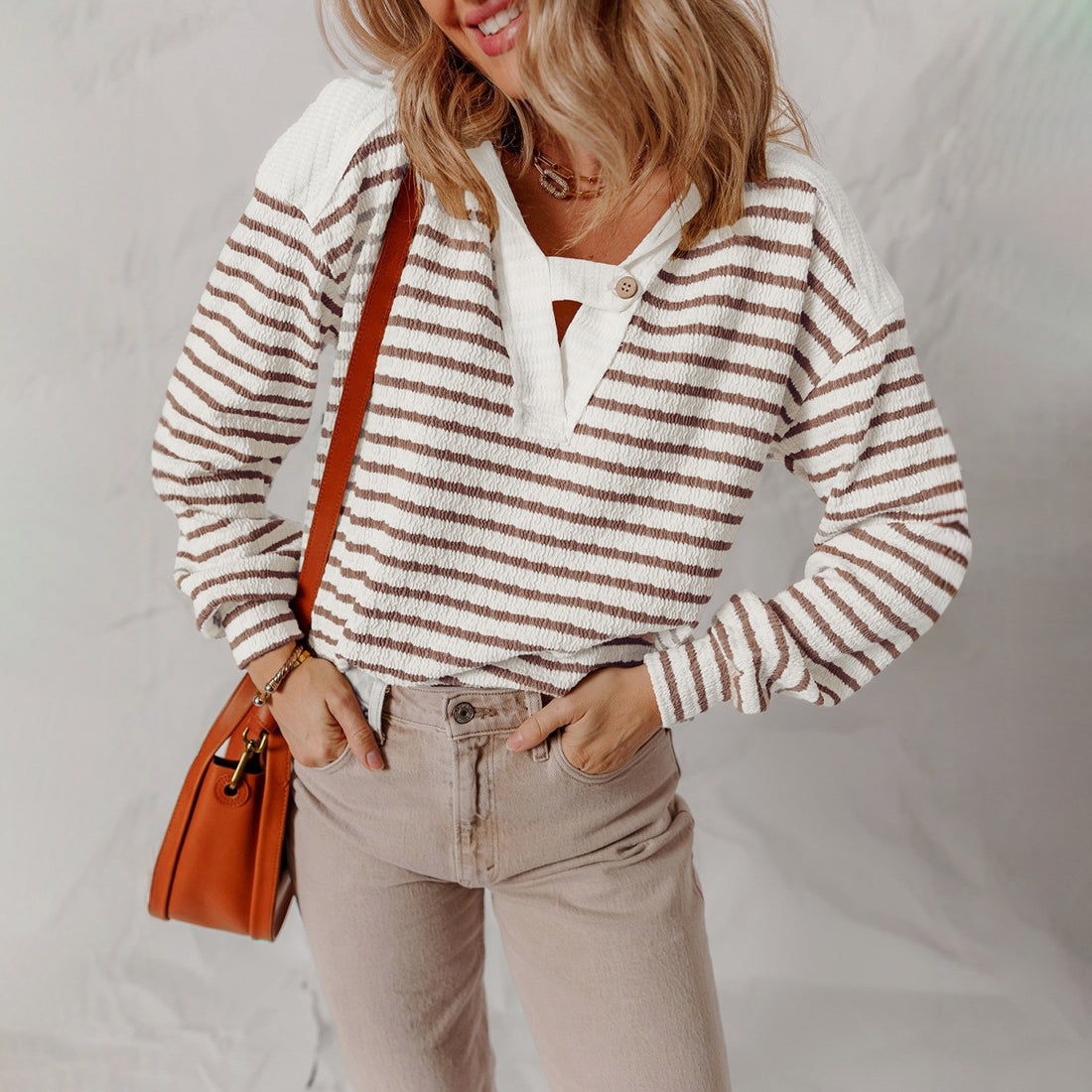 Arabella - Women's Striped Button-Tab V-Neck Sweater