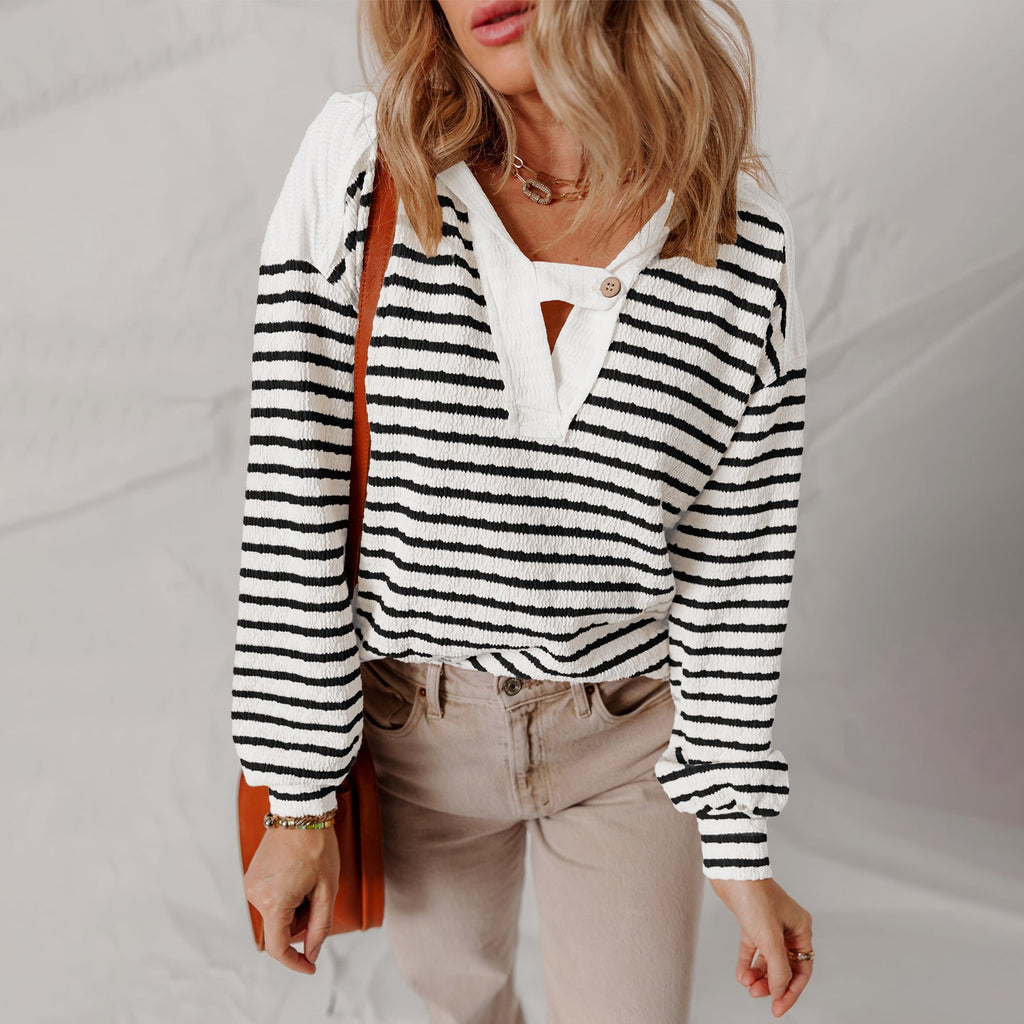 Arabella - Women's Striped Button-Tab V-Neck Sweater