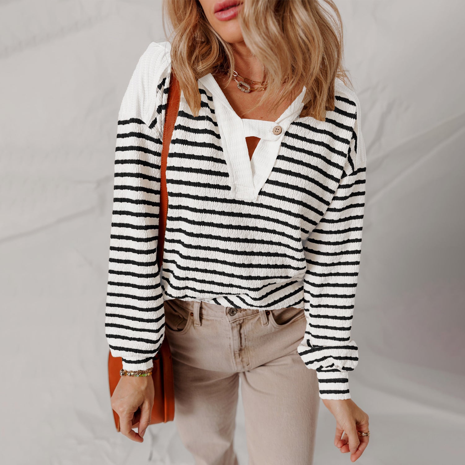 Arabella - Women's Striped Button-Tab V-Neck Sweater