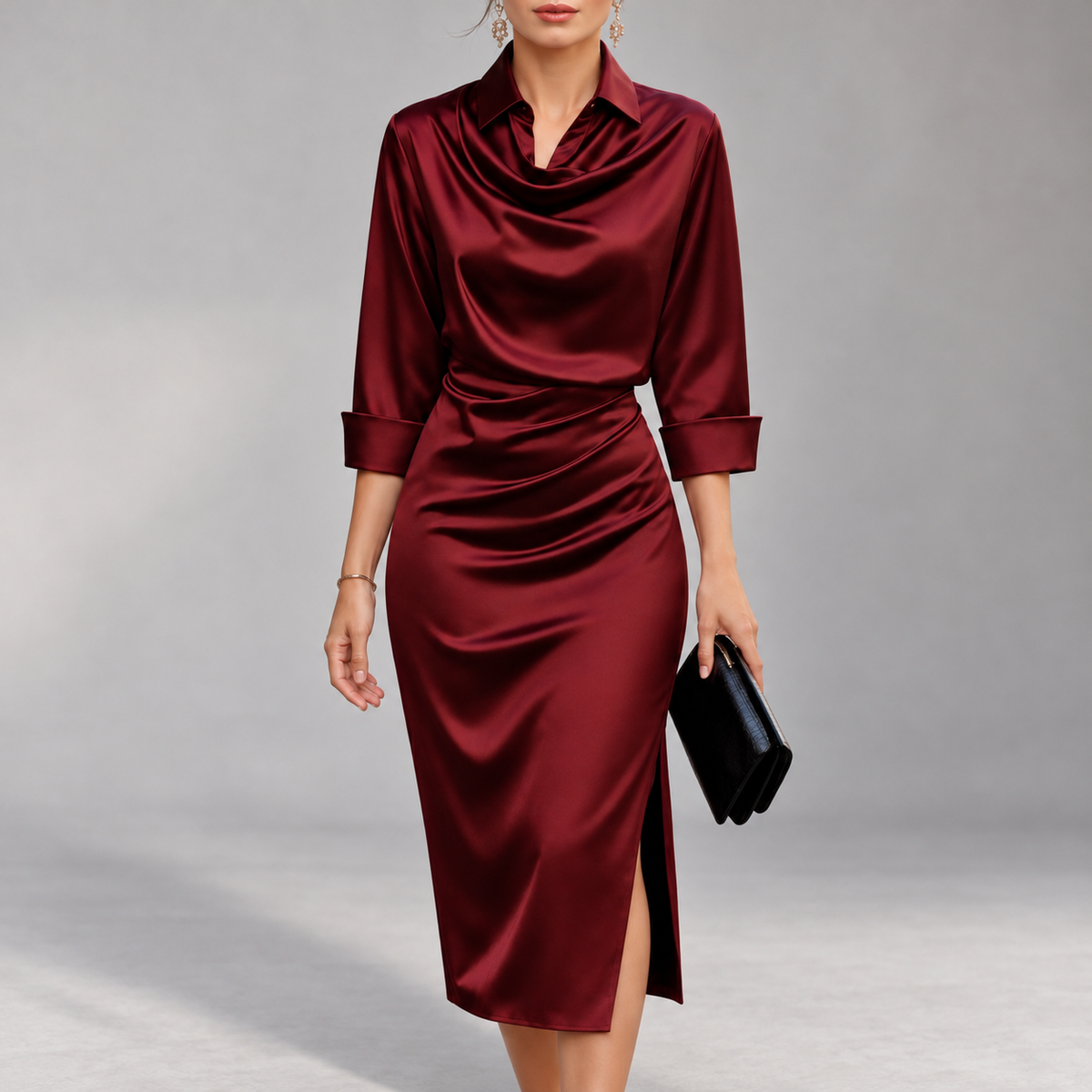 Aurora - Women's Satin Cowl Neck Slim Fit Dress
