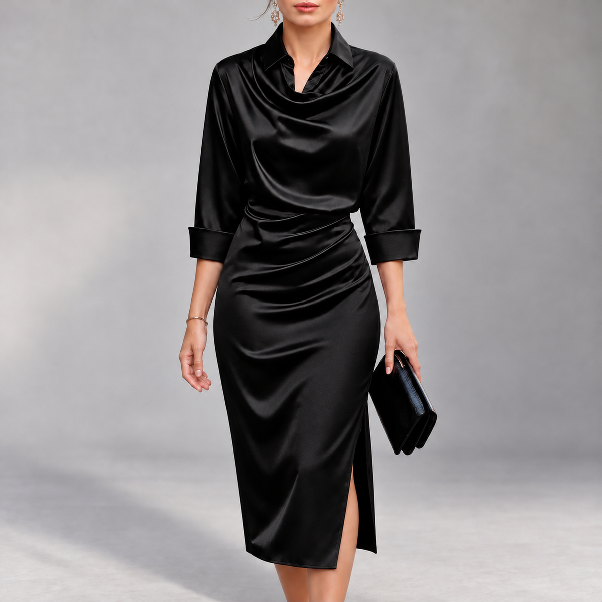 Aurora - Women's Satin Cowl Neck Slim Fit Dress