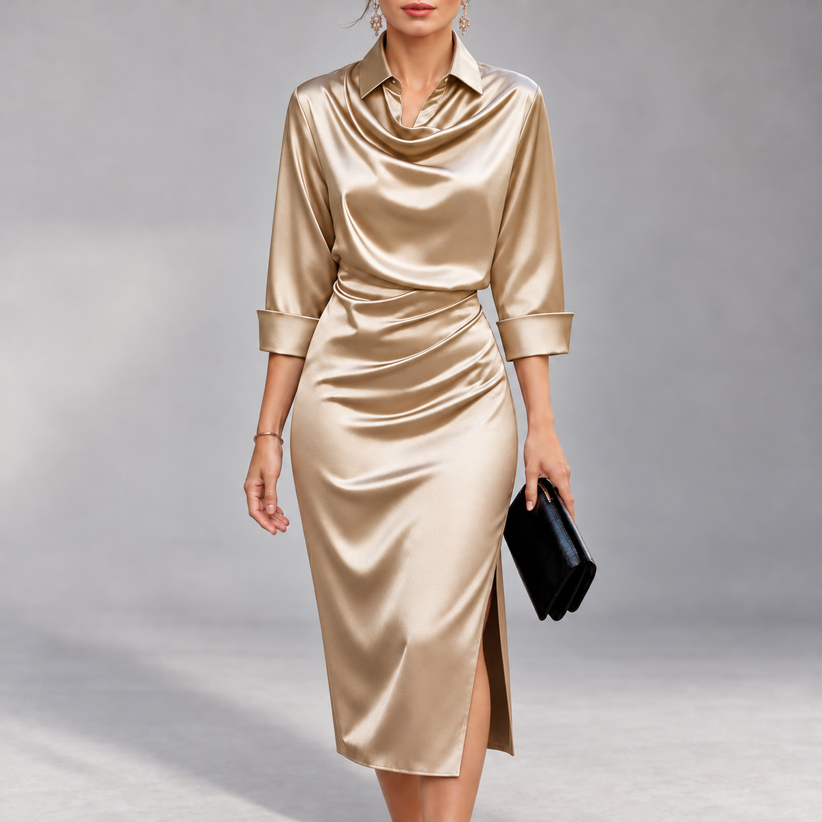 Aurora - Women's Satin Cowl Neck Slim Fit Dress
