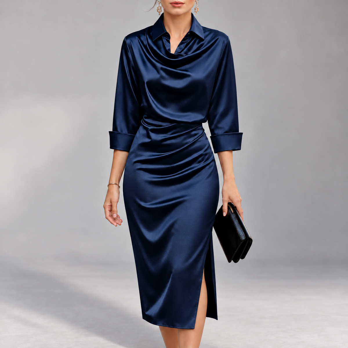 Aurora - Women's Satin Cowl Neck Slim Fit Dress