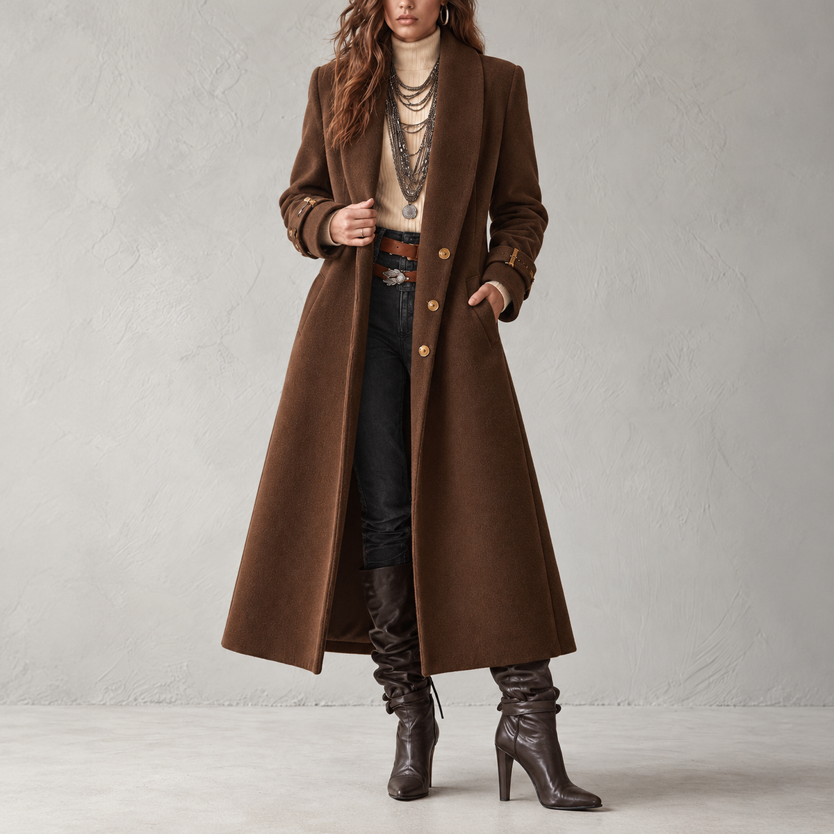 Aurora - Women’s Tailored Long Coat with Cuff Straps