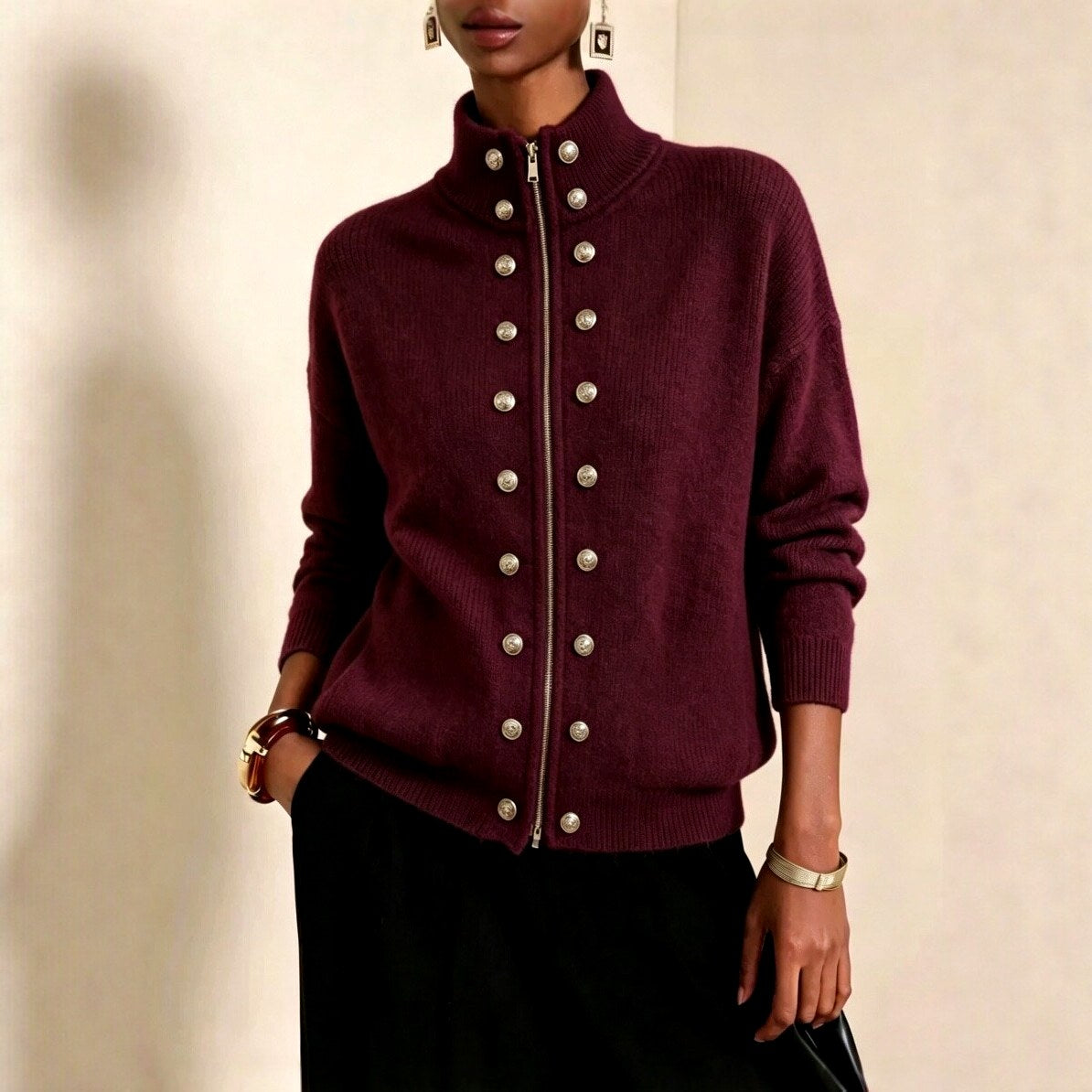 Avery - Women’s Military Style Zip-Up Knit Cardigan