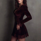 Brigid - Velvet Deep V-Neck Long Sleeve Mini Dress