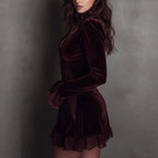 Brigid - Velvet Deep V-Neck Long Sleeve Mini Dress