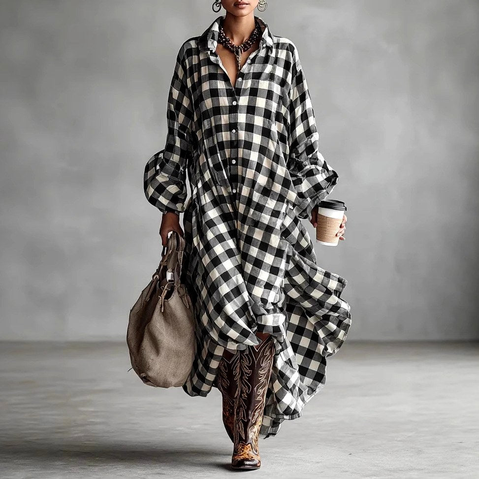 Casey - Women's Checkered Oversized Maxi Shirt Dress