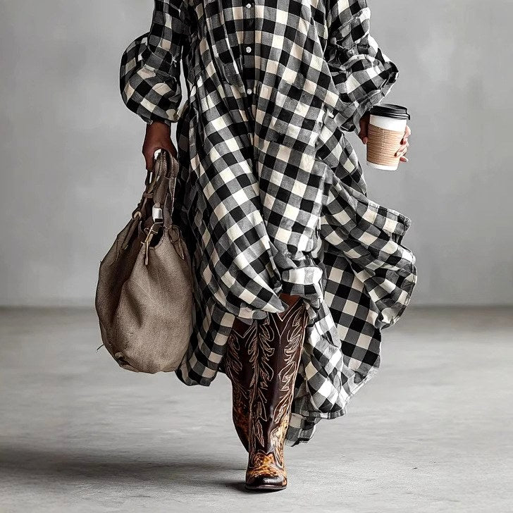 Casey - Women's Checkered Oversized Maxi Shirt Dress