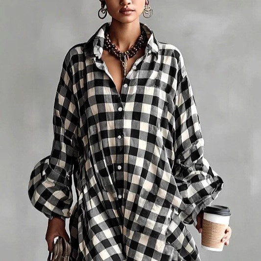 Casey - Women's Checkered Oversized Maxi Shirt Dress
