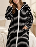 Celeste - Women's Striped Hooded Zip-Up Fleece Robe