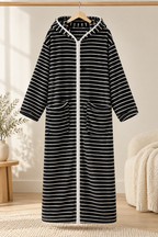Celeste - Women's Striped Hooded Zip-Up Fleece Robe