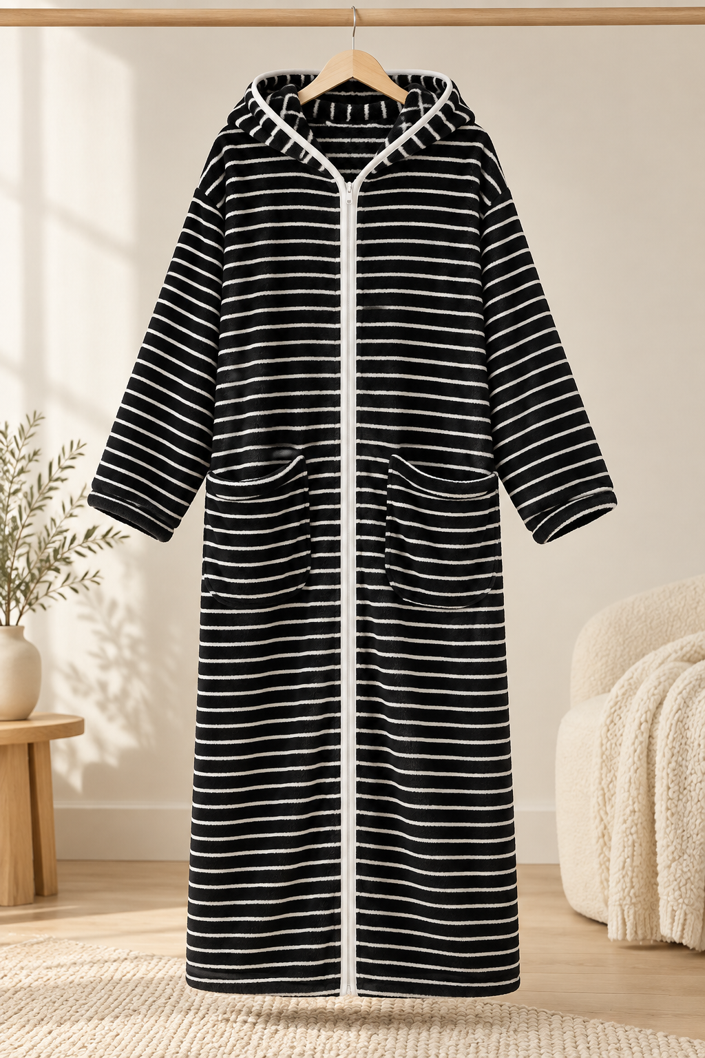 Celeste - Women's Striped Hooded Zip-Up Fleece Robe
