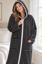 Celeste - Women's Striped Hooded Zip-Up Fleece Robe