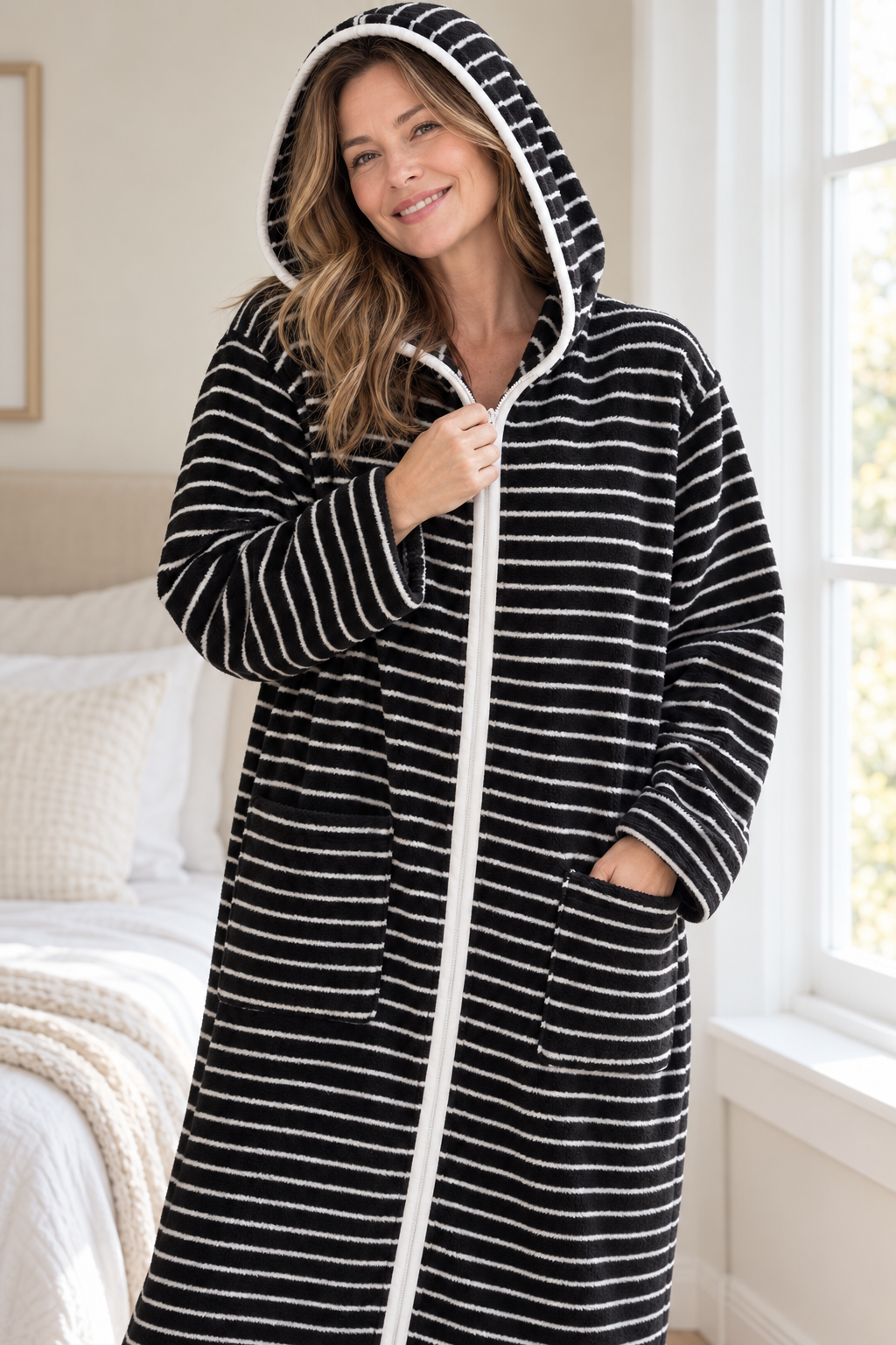 Celeste - Women's Striped Hooded Zip-Up Fleece Robe