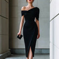 Ciara - Women's Asymmetric Neck Short Sleeve Ruched Midi Dress