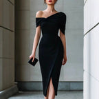 Ciara - Women's Asymmetric Neck Short Sleeve Ruched Midi Dress