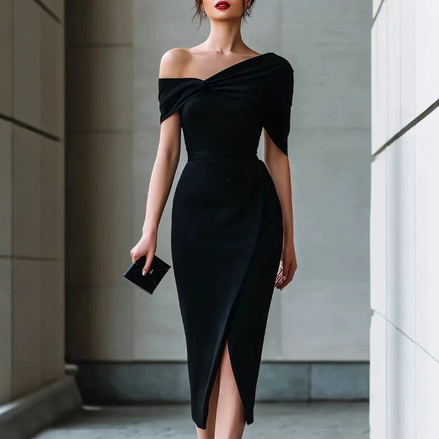Ciara - Women's Asymmetric Neck Short Sleeve Ruched Midi Dress