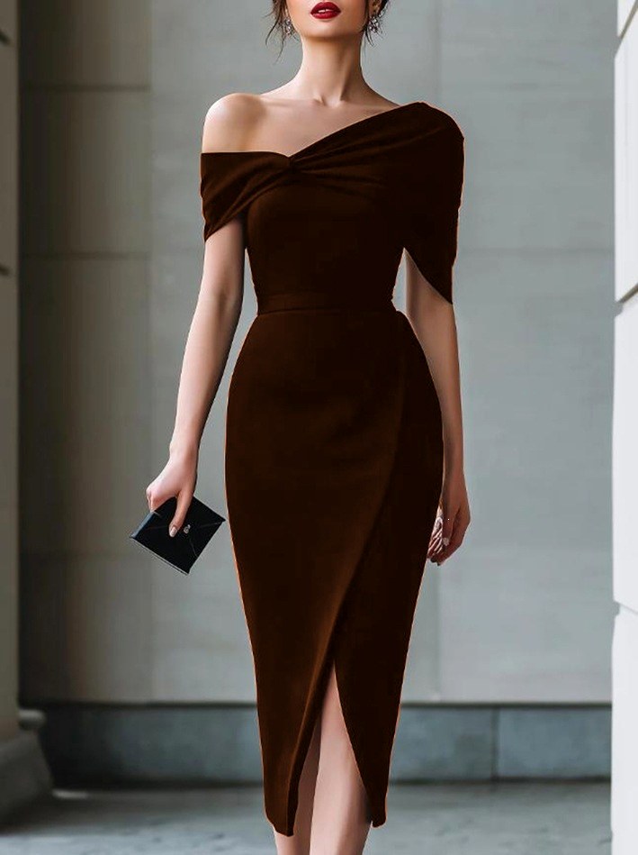 Ciara - Women's Asymmetric Neck Short Sleeve Ruched Midi Dress