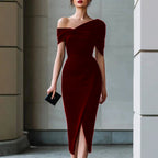 Ciara - Women's Asymmetric Neck Short Sleeve Ruched Midi Dress