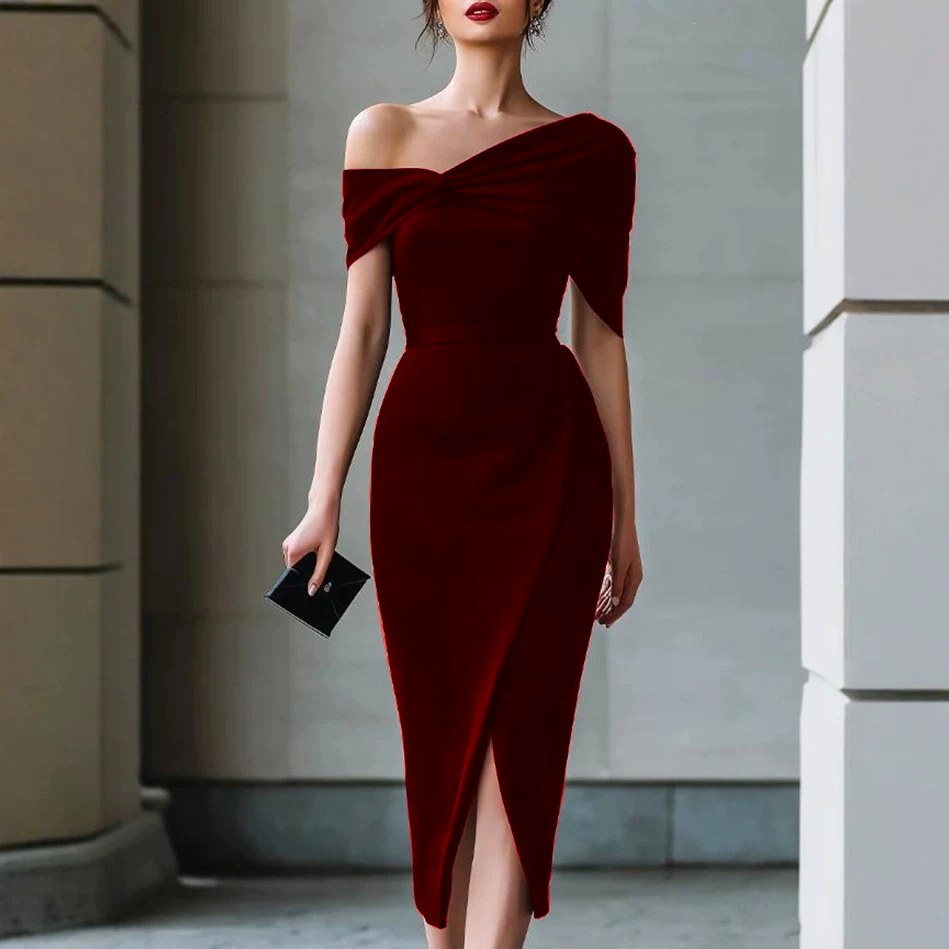 Ciara - Women's Asymmetric Neck Short Sleeve Ruched Midi Dress