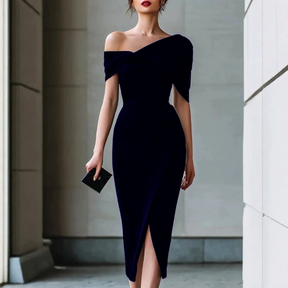 Ciara - Women's Asymmetric Neck Short Sleeve Ruched Midi Dress