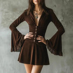 Claribel - Women's Velvet Deep V-Neck Flared Sleeve Mini Dress