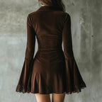 Claribel - Women's Velvet Deep V-Neck Flared Sleeve Mini Dress