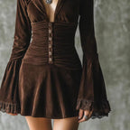 Claribel - Women's Velvet Deep V-Neck Flared Sleeve Mini Dress