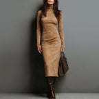 Daisy - Women's Turtleneck Suede Midi Dress