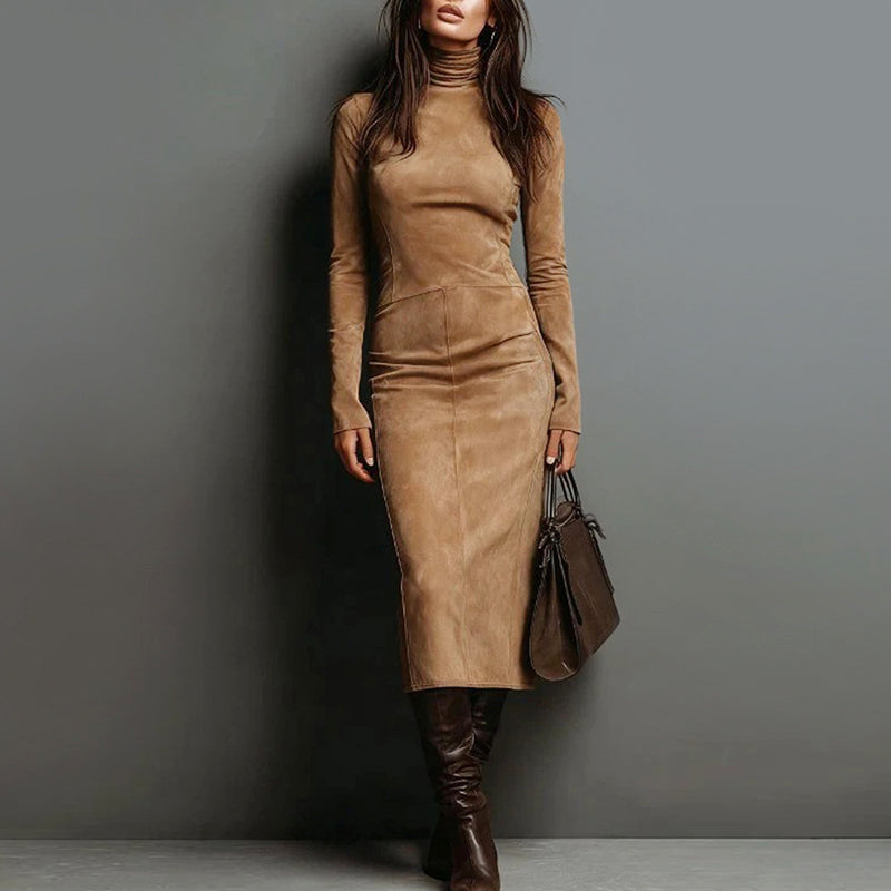 Daisy - Women's Turtleneck Suede Midi Dress
